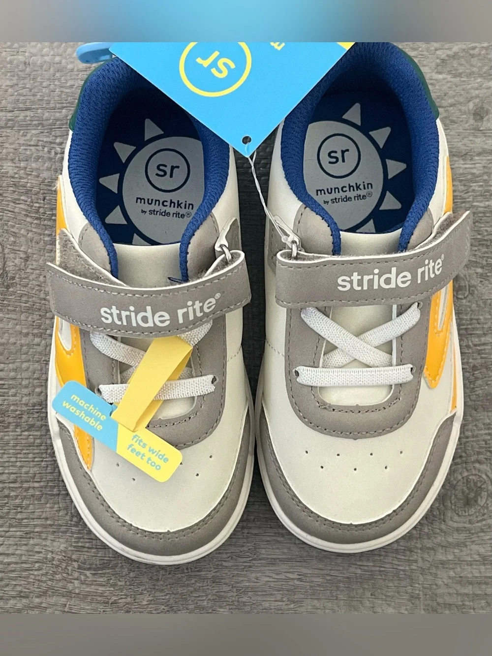 Stride Rite Munchkin Gray/White/Yellow/Green Hook & Loop Low Top Wide Washable